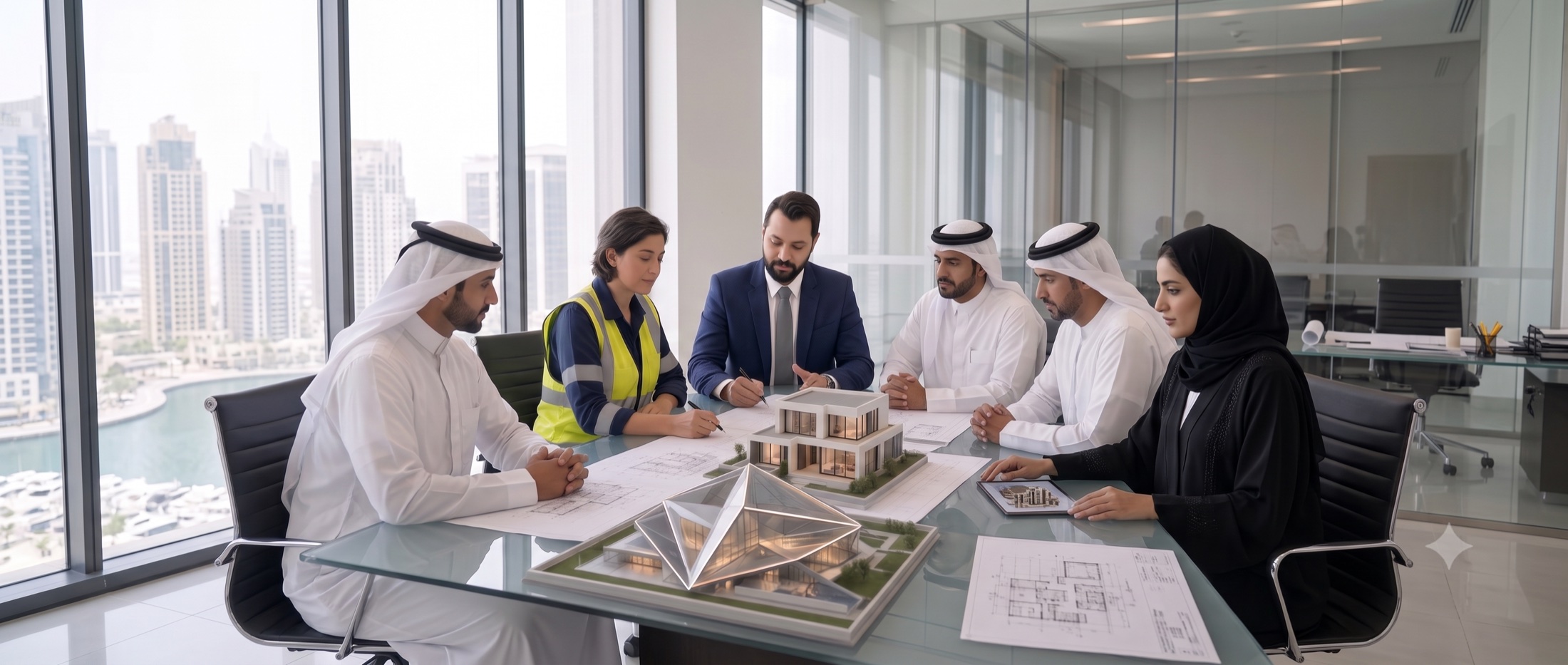 فريق IN Real Estate يراجع مخططات مشروع عقاري في لوسيل